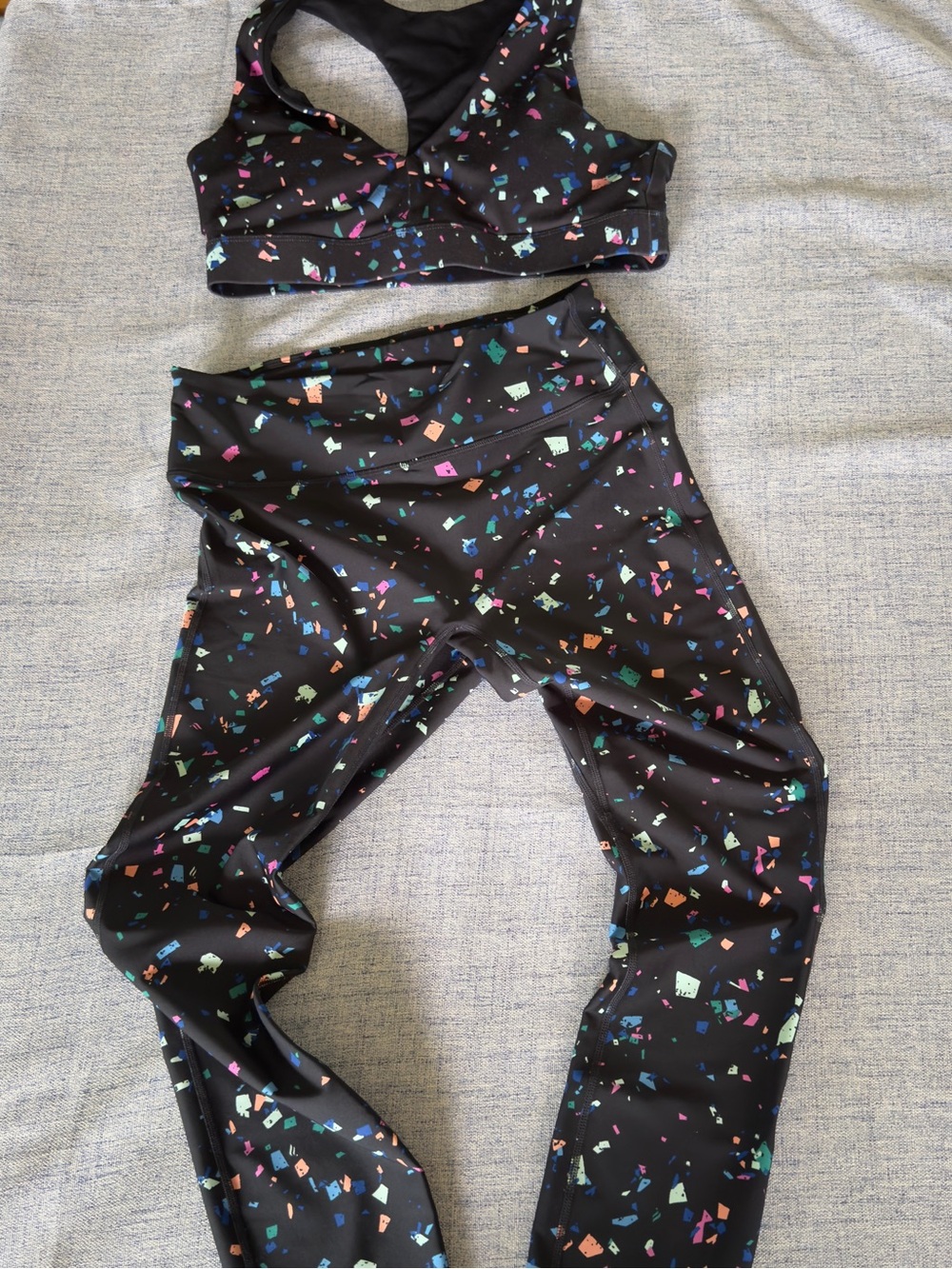 Fabletics Black Leggings with Multicolor Confetti Print